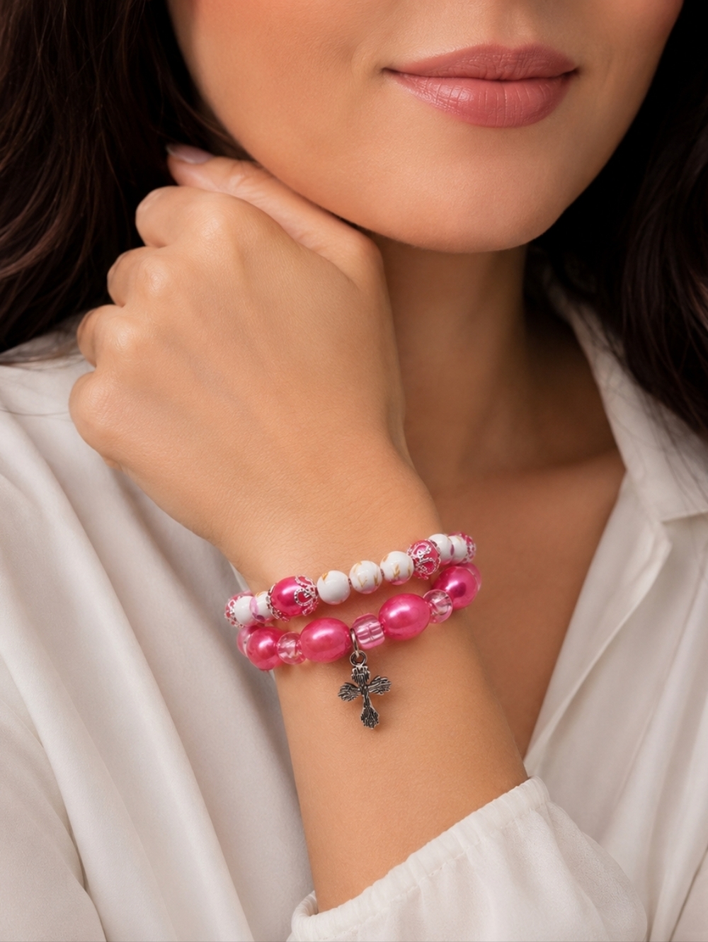 Pink and White Beaded Stretch Bracelet with Cross Charm